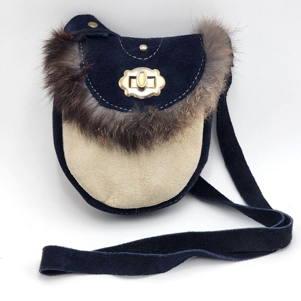 VTG Handmade Suede Leather Fur Trim Mini Pouch Micro Crossbody Bag Navy Cream